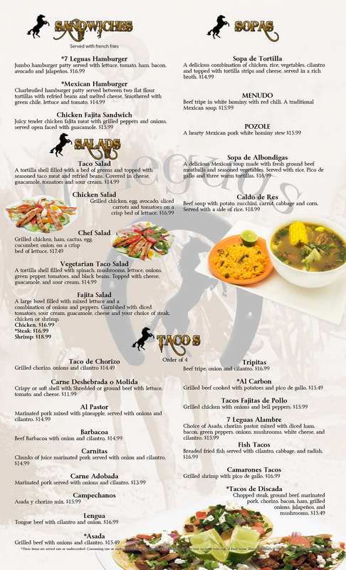 7 Leguas Menu Page 2 - Soups, Salads, and Quesadillas