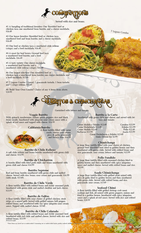 7 Leguas Menu Page 3 - Burritos and Combination Plates