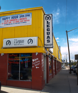 7 Leguas Mexican Grille exterior — the bold yellow and red building on Colfax